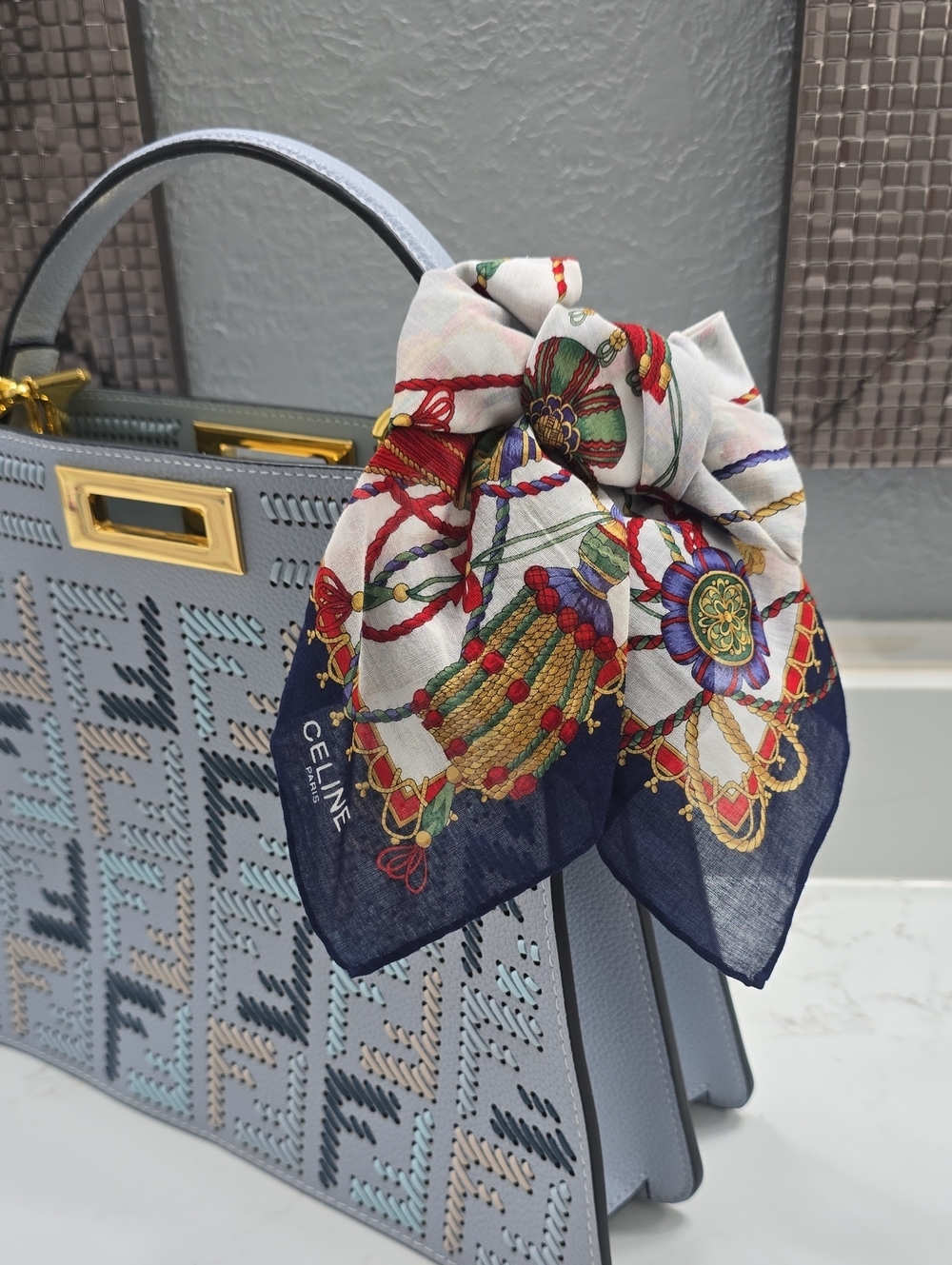 Celine Light Blue and Navy and White Decorative Scarf